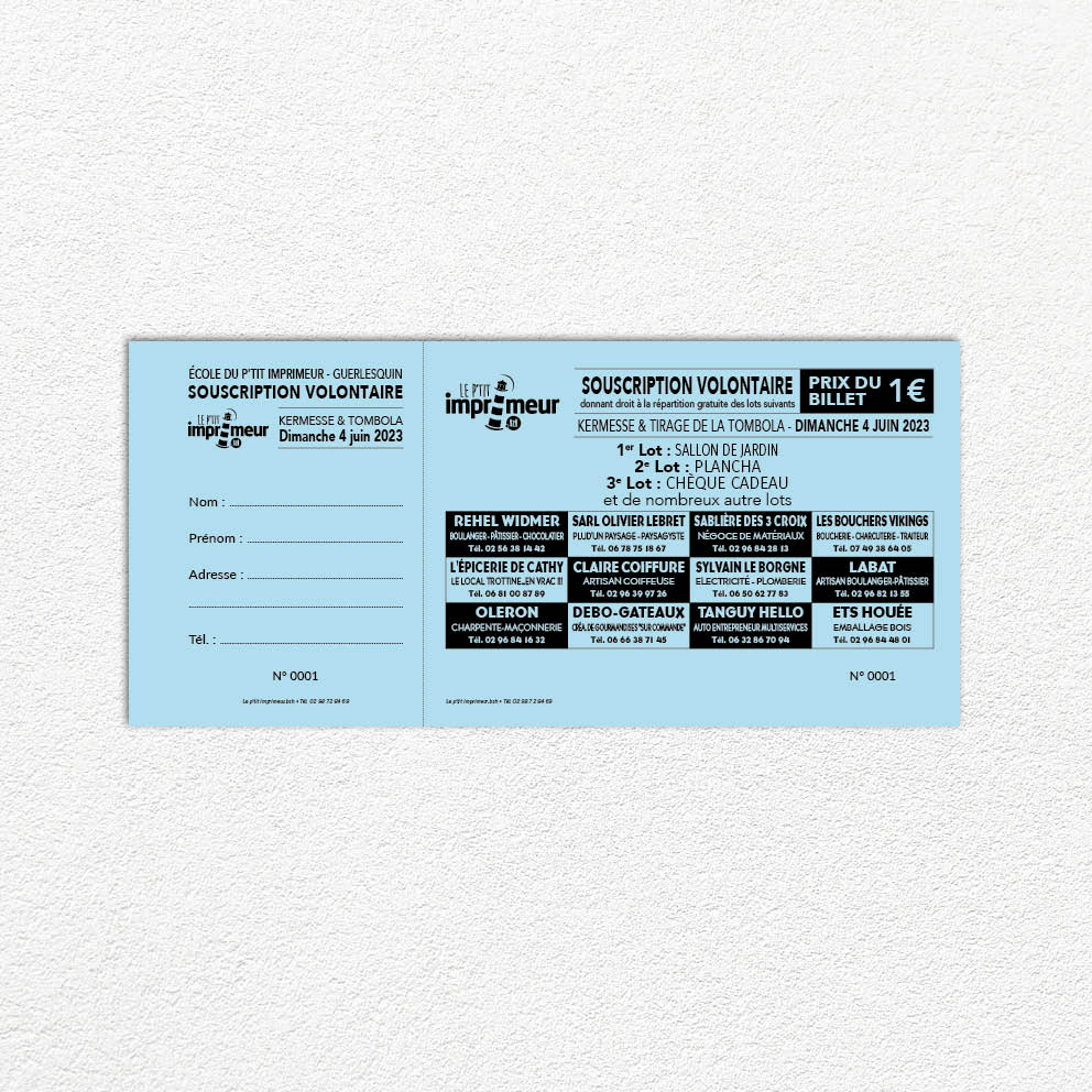 Ticket de tombola Eco - Format 21 x 9,5 cm - 2 parties détachables